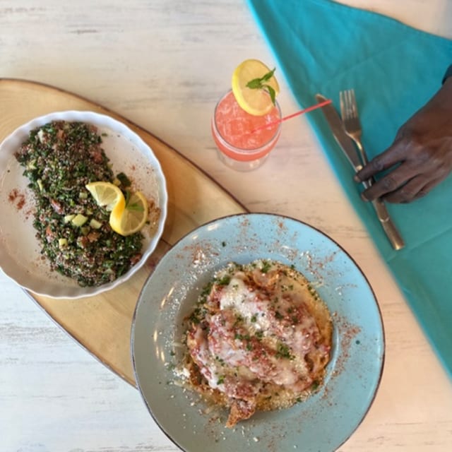 Quinoa Tabouli salad, parmesan pasta and dessert (tiramisu)..