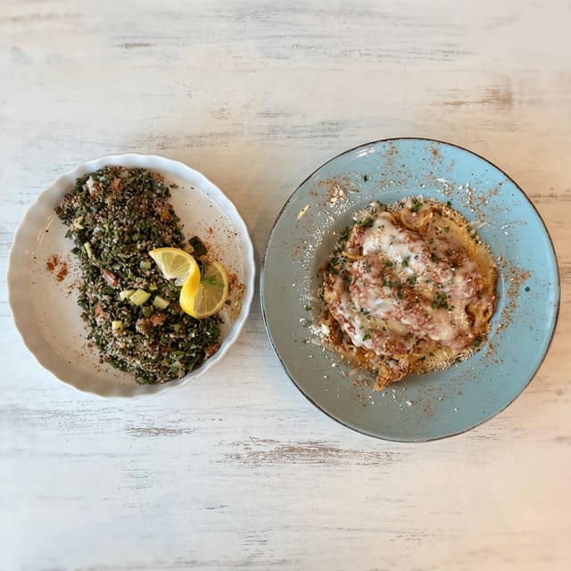 Quinoa Tabouli salad, parmesan pasta and dessert (tiramisu)..
